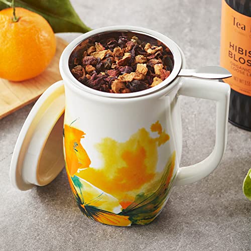 Tea Forte Ceramic Fiore Tea Cup with Infuser, Wild Poppy, 14 oz - color: Wild Poppy