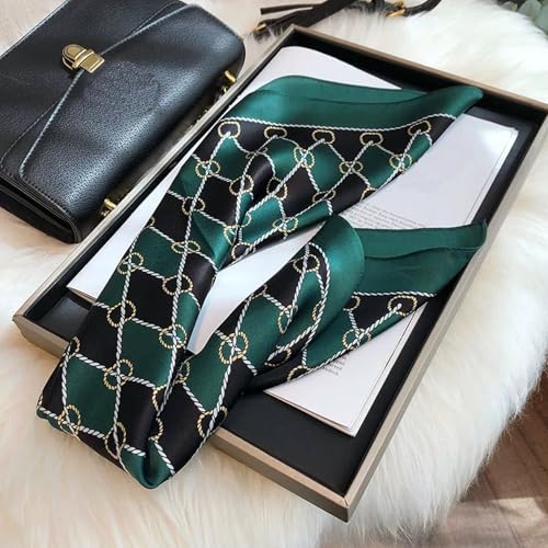 100% Mulberry Silk Neck Scarf for Women Square Neckerchief – 21 inch - color: Black Green