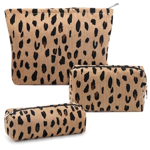 3 Pcs Makeup Bag Cosmetic Bag Set for Girls Women Travel Organizer Bathroom Toiletry Pouch Large Capacity Storage Bag (Leopard Brown) - color: Leopard Brown