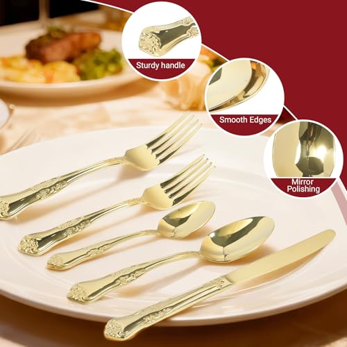 Silverware Set,Stainless Steel Flatware Cutlery Set with Floral Handles,Included Knife Spoon and Fork, Mirror Polished Cutlery Utensil Sets for Home Kitchen Restaurant Wedding, Party - color: Gold, size: 20 pieces for 4