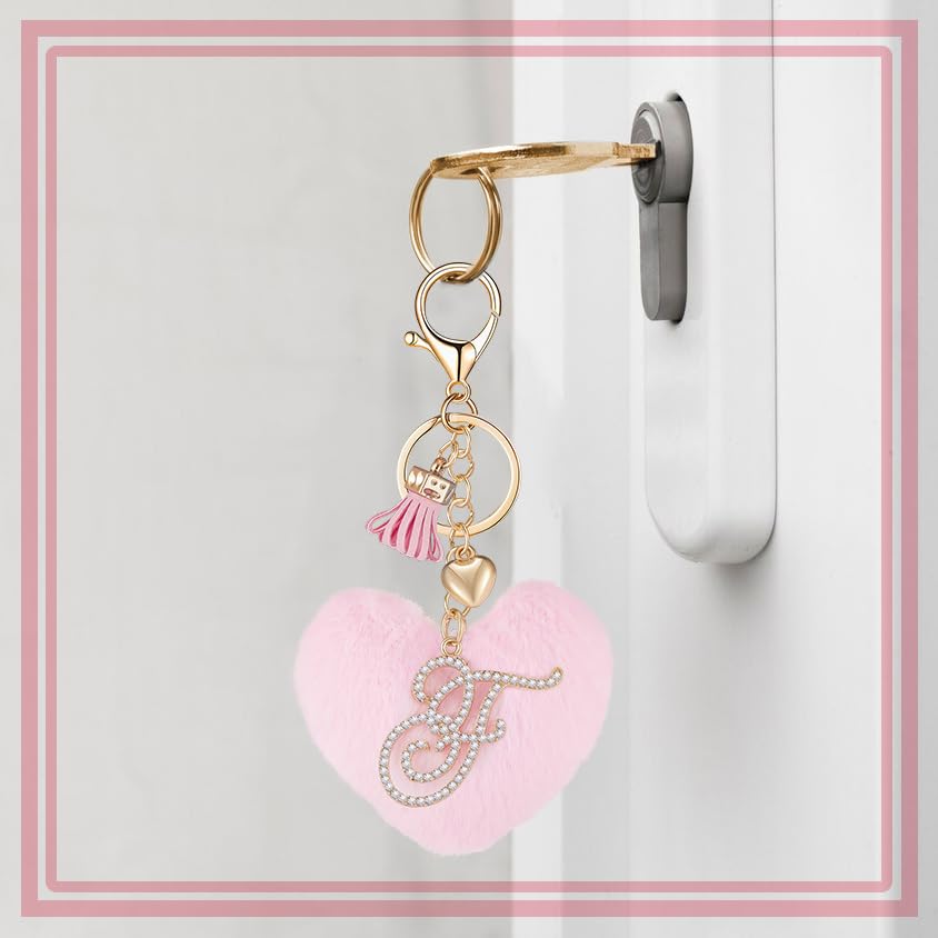 Initial Letter Heart Pom Pom Keychain for Women Pink Soft Fluffy Ball Key Ring for Purse Backpack Handbag - color: F