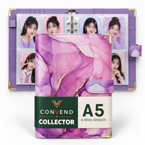 Convend A5 Kpop Photocard Binder with 30 Pack 4-Pocket Card Pages, 6 Ring Refillable Binder Album with 240 Card Slots, PU Leather Cover, Magnetic Closure, Trading Cards, Game Cards, Marble Purple - color: New-4, size: Luxe-A5