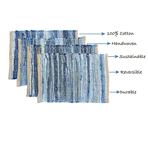 Perilla Home Natural Chindi Jute Placemats Set of 4 Vintage Boho 13x19 Inch Table Mats for Kitchen Dining Home Decor Rectangle Denim Blue Stripe Rustic Placemat