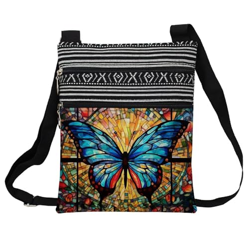 Stained Glass Pattern Crossbody Handbag with Zipper Butterfly World Tree Bee Aesthetic Present for Woman - color: Blue Butterfly