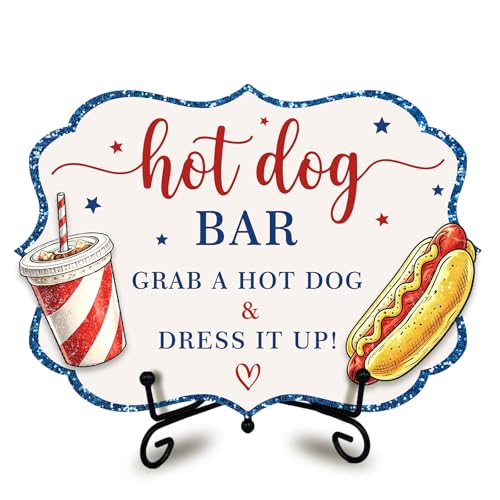 Patriotic Wooden Hot Dog Sign with Metal Stand, 5 x 7 Inch Independence Day Tabletop Food Display for BBQ Party, Buffet Table, Food Truck, Hot Dog Shop, Celebration Decor - A02 - color: DLR A02