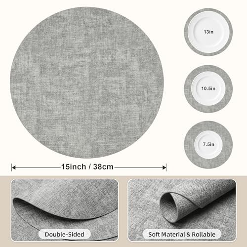 Placemats Set of 6, 15 Inch Round Faux Leather Place Mats - color: R-grey