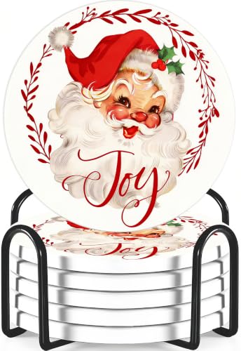 Nikyi 6 Pcs Christmas Red Santa Ceramic Absorbent Coasters, Round Drink Coaster with Metal Holder and Cork Base, for Coffee Table Kitchen Bedroom Living Office Desk Home Decor - color: Red Santa Claus