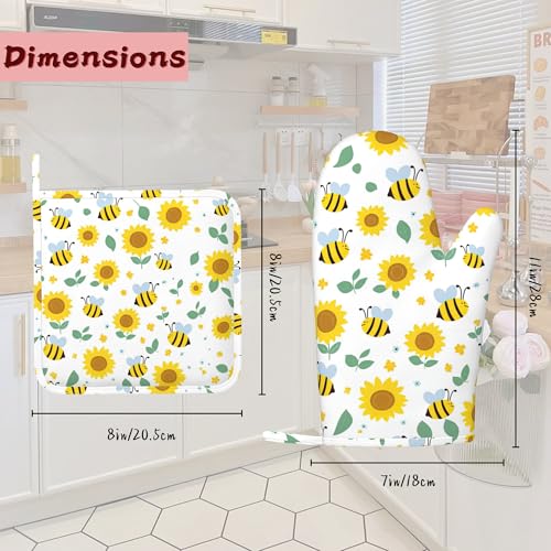 Cute Bee Sunflower Heat-Resistant Silicone Oven Mitts and Pot Holders 4 Piece Set,Extra Long Non-Slip Kitchen Oven Gloves for Cooking, Baking, BBQ,Grilling - color: Cute Bee Sunflower