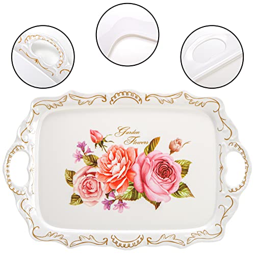 Nicunom 3 Pack Melamine Serving Tray with Handles, Floral Serving Trays Stackable Food Tray for Eating Unbreakable Large Serving Platter for Party, Decor, Home, Restaurant, Gift,16" L x 11" W