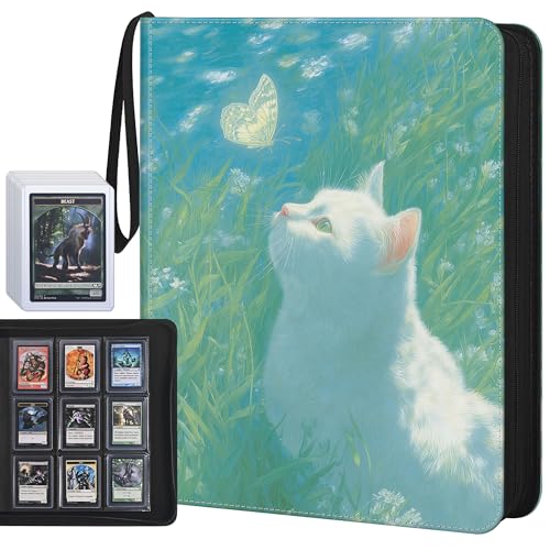 Top Loader Binder, 9 Pocket Holds 360 Top Loaders, Side-Loading Full-Zip Binder with Water-Resistant PU Cover for 3" x 4" Toploaders, TCG, MTG & Sports Cards, Blue Butterfly Cat - color: Blue Butterfly Cat
