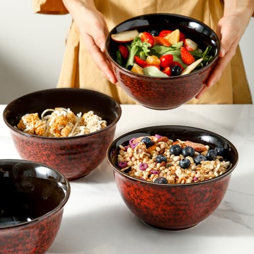 HASENSE Ceramic Soup Bowls, 40 Oz Serving Bowls Set of 4, Cereal Bowls, Salad Bowls for Pasta Soup Popcorn, Dishwasher & Microwave Safe, Christmas Thanksgiving Gifts, Red - color: Red, size: 40 Ounce