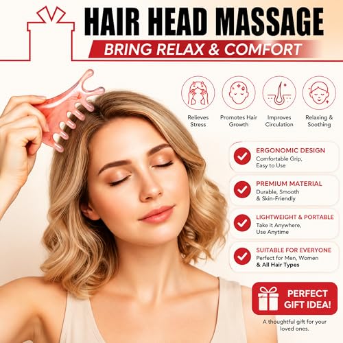 Premium 6 in 1 Head Scalping Massage Tool Comb for Hair|Head|Face|Eye|Neck|Resin Whole Body GuaSha Tool|Vintage Gift Package Relieve Stress Stay Young Home Massage Time-Penny Saver (Resin Pink) - color: Resin Pink