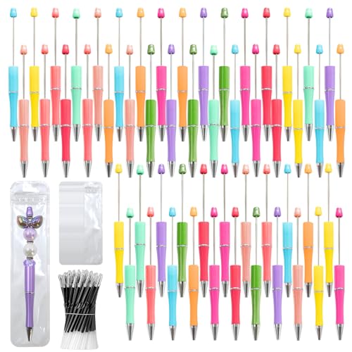 300 Pieces DIY Beadable Pens Kit - 100 plastic Beadable Pens Bulk, Refills & pen bags Included - Beaded Pens Black Ink Ballpoint Cute Pens（Bright） - color: Macaron, size: 100