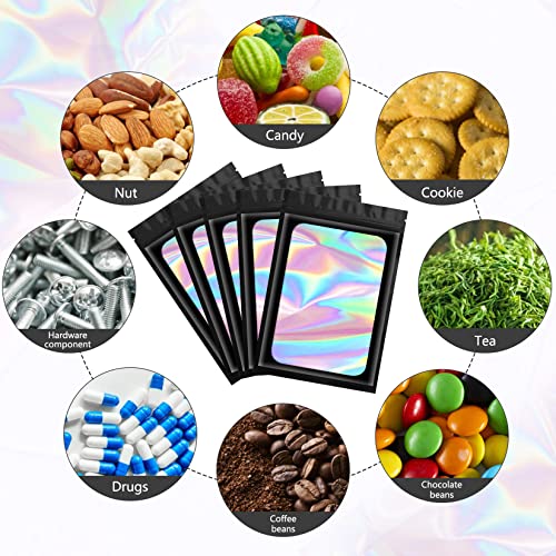 Funfery 100pcs Black Mylar Holographic Bags-Resealable Zipper&Clear Window - color: Black, size: 5.5 x 7.9 Inch