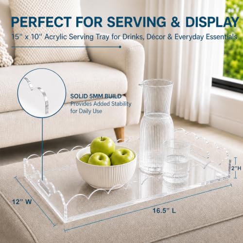 17 x 12 Inch Scalloped Clear Acrylic Serving Tray with Handles - size: 16.5" x 12" x 2"