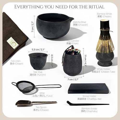 ZENSO Premium Matcha Whisk Set – 10 Piece Japanese Matcha Tea Ceremony Kit | Matcha Bowl, Tea Canister, Purple Bamboo Whisk, Whisk Holder, Sifter, Scoop & Scoop Holder, Cup, Cloth, Spoon - Dark Gray