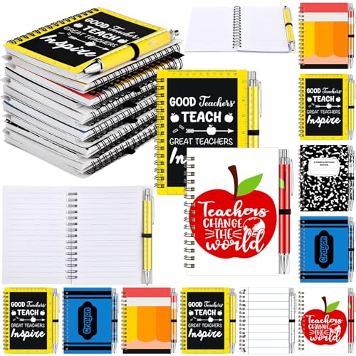 Resurhang 24 Pcs 12 Sets Back to School Teacher Gifts Bulk 5.5 x 4.3'' Teacher Gifts Spiral Notebook Ballpoint Pens Thank You Gift for Teachers for First Day of School Office Teacher's Day - style: Back to School