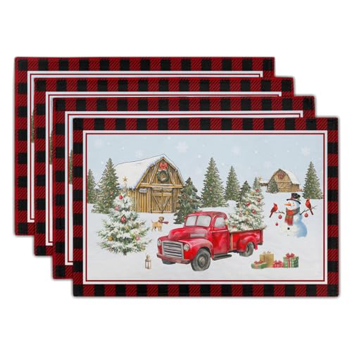 Giwawa Christmas Truck Placemats Set of 4 Winter Snowman Xmas Trees Place Mat with Black Red Buffalo Plaids 12"x18" Snow Farm Scene Non Slip Table Mats for Kitchen Dining Holiday Party Decor - color: Christmas Truck