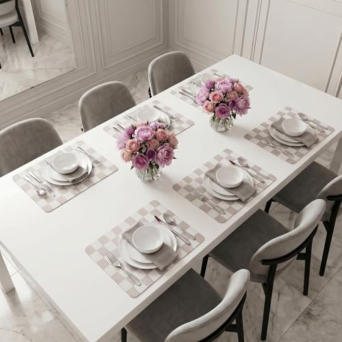 Set of 6 Checkerboard Non-Slip Washable Placemats for Dining Table - color: Beige