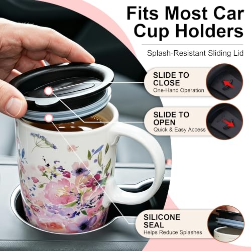 Topadorn 17oz Ceramic Coffee Mug with Lid, Floral Travel Mug with Handle - color: Pink Floral