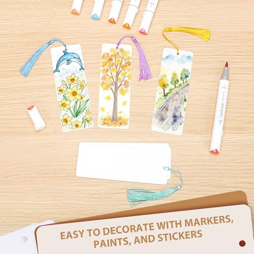120 Pcs Blank Bookmarks to Decorate with 100 Colorful Tassels, Thick 350GSM Cardstock Bookmarks for DIY Crafts, Holiday Reading, Classroom Projects and Gift Tags, 5.5x2 Inch Bulk Set
