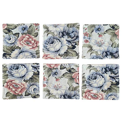 CUSHYSTORE 2 Layers Coasters Saucers Canvas Floral Botanical Fabric 4", 6 Pack - Blue Rose Garden - color: Blue Rose Garden