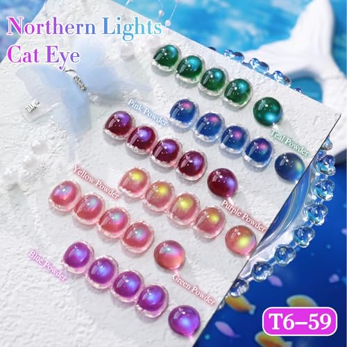 Double Rhythm Cat Eye Gel Nail Polish Set of 6 Same Color Same Bottle 0.5 Oz Shimmer Glitter with Magnet Holographic Reflective Magnetic UV Nail Polish Kit at Home (Glass Galaxy Green-T6-59) - color: Glass Aurora