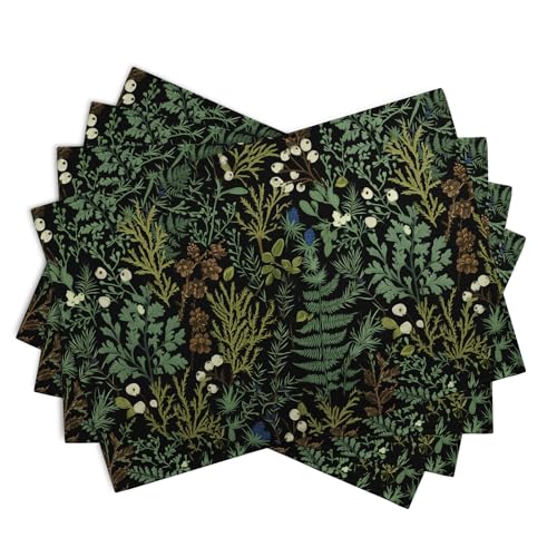Black Sage Green Leaves Placemats Set of 4 Vintage Botanical Fern Leaf Floral Place Mats Farmhouse Heat Resistant Washable Kitchen Dining Linen Table Mats for Home Party Decor 12x18 Inch - color: Black Sage Green Leaves
