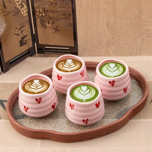 Ceramic Tea Cup Set, 5OZ Espresso Cups, Pink Love, Set of 4 - color: Pink Love