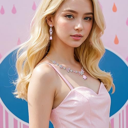 BriLove Wedding Jewelry Set for Women, Y-Necklace Tennis Bracelet Dangle Earrings with AAA Cubic Zirconia Teardrop for Bridal Bridesmaid - color: Pink Silver-Tone