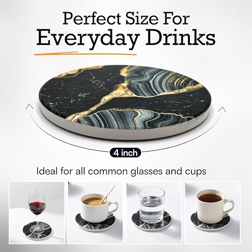 Elegant Black & Gold Marble Ceramic Coasters - Set of 6 with Gold Metal Holder - Round Drink Coasters for Coffee, Tea, Whiskey, Wine - Stylish Home & Kitchen Decor - color: Black Gold, size: 6 Pack