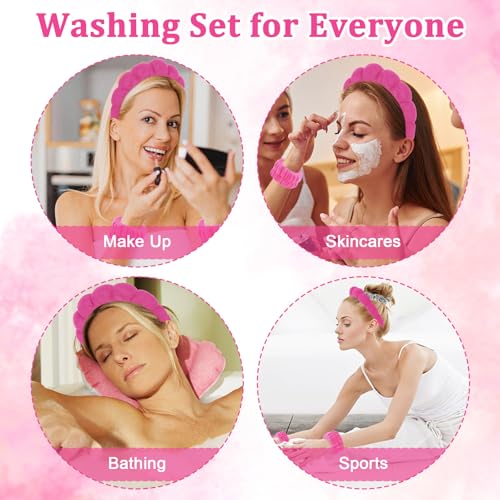 7Pcs Puffy Spa Set: Terry Cloth Headband, Wristbands, Scrunchies, Powder Puffs, and Sponges for Skincare, Face Washing, and Makeup Removal - Rose - color: Rose