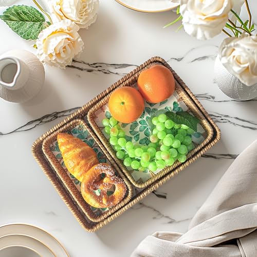 Set of 3 Rectangle Rattan Serving Trays with Mother of Pearl Inlay – Hand-Woven Wicker Trays for Coffee Table, Bathroom, Kitchen Counter or Entryway, Boho Coastal Decor, Checkered Design - color: Checkered Pattern