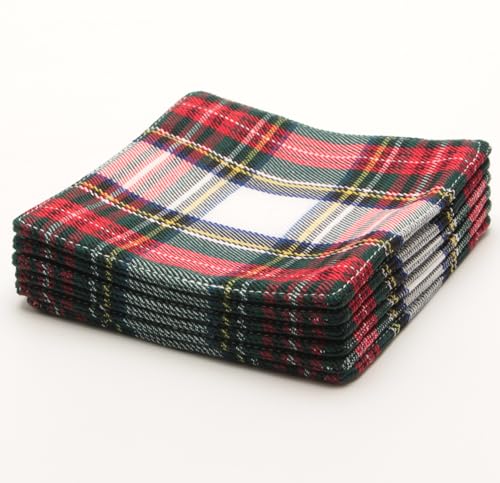 RUTH&BOAZ Traditional Scottish Tartan Plaid Fabric Coasters | for Christmas Parties | Set of 6 | 4”Square (White)