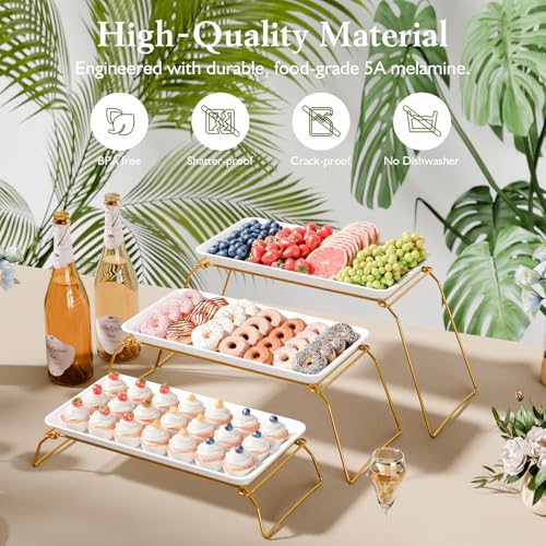 Bumusty Large 3-Tier Melamine Serving Tray Set, 17 x 8.7 in, Gold Stand - color: Gold, size: 17" x 8.7"