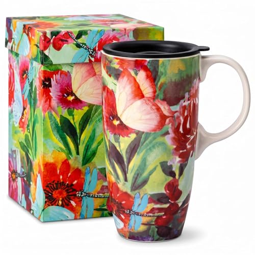 Topadorn 17oz Ceramic Travel Mug with Lid, Botanical Floral Coffee Mug - color: Butterfly and Butterfly