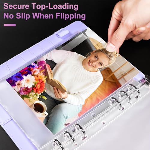 PU Leather A5 Binder, 5x7 Photo Sleeves with 60 Pockets, Secure Top Loading Pages, Refillable Adjustable Album for Keepsakes, Purple - color: Purple