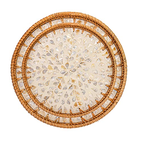 Frcctre 2 Pack Round Rattan Tray with Mother of Pearl Inlay, Rattan Serving Tray with Wooden Base, Decorative Wicker Basket for Bread Fruit Food Coffee Breakfast, Storage and Display, 2 Sizes