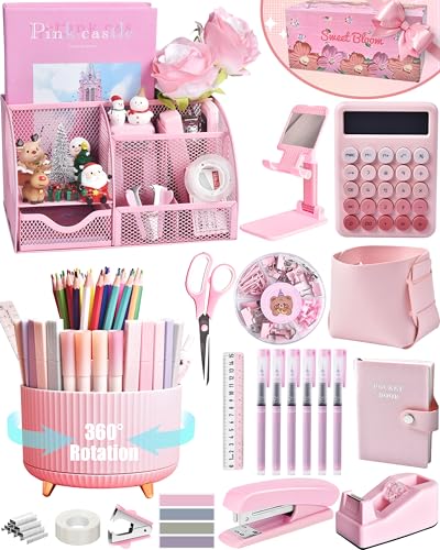LXEVIHK Pink Desk Accessories 21-Piece Office Supplies Gift Set for Women - color: Pink