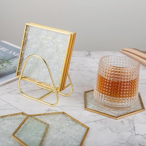 Glass Gold Coasters for Drinks with Holder, 6 Pcs Cup Coaster Set with Carved Glass Stylish for Coffee Tea Wine Coasters for Bar with Brass Edge Hexagon and Square Coasters Home Decor - color: Square and Hexagonal Coasters With Holder
