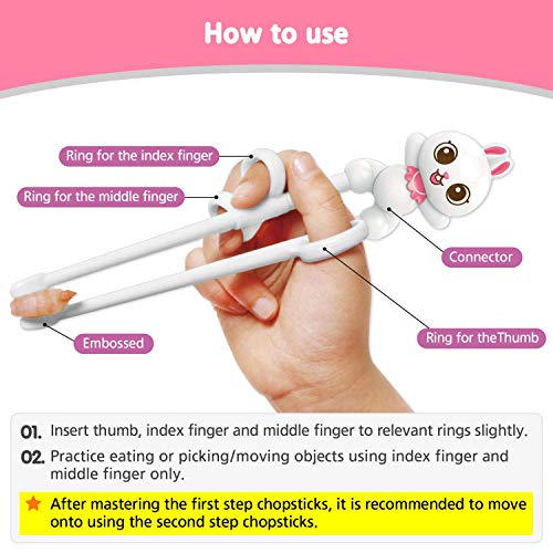 Rabbit White Chopsticks, Training Chopsticks, Learning, Beginner, Brain Training, Practice, Korean Food, Japanese Sushi, 1 Step to Learn Chopstick, Right Handed - Made in Korea