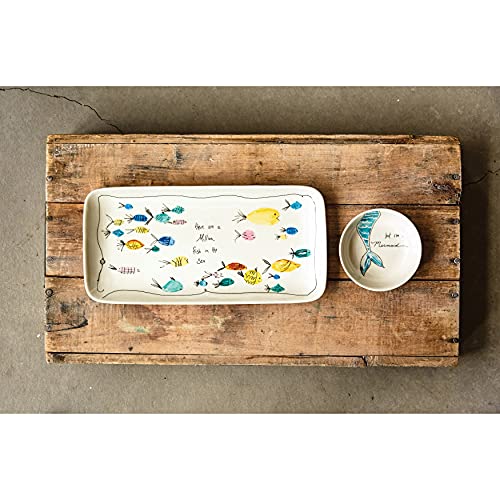 Creative Co-Op Coastal Stoneware Serving Platter and Dip Dish with Mermaid and Sea Life Illustrations, Multicolor - size: 11-3/4"L x 5-3/4"W