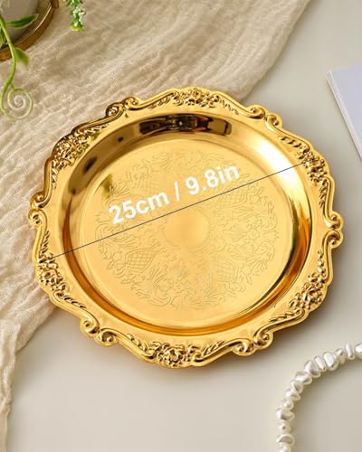 Round Decorative Tray 9.8in Metal Dessert Plates Vintage Coffee Table Tray for Snacks Fruit Gold - color: Gold, size: 9.8"
