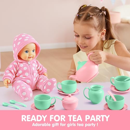 JOYIN 18PCS Pretend Tea Party Set, Plastic Tea Set, Mini Kitchen for Kids, Gifts for Kid Boys Girls Ages 3 4 5 6 Years Old, Easter Birthday Gifts - style: Baby Pink Teapot