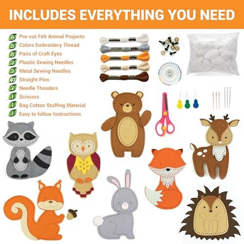 Craftorama Sewing Kit for Kids, Fun and Educational Animal Craft Set for Boys and Girls Age 7-12, Sew Your Own Felt Animals Craft Kit for Beginners, 165 Piece Set - color: Woodland Animals