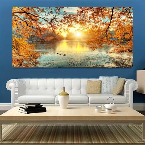 Yxbhhym-Landscape Tree Canvas Wall Art Fall Forest Sunset Wall Decor Poster Lake Water Pictures for bedroom wall decor Natural Scenery Paintings Artwork Modern Living Room Decor Home Office Decoration - color: Bblanndscape, size: 40"L x 20"W