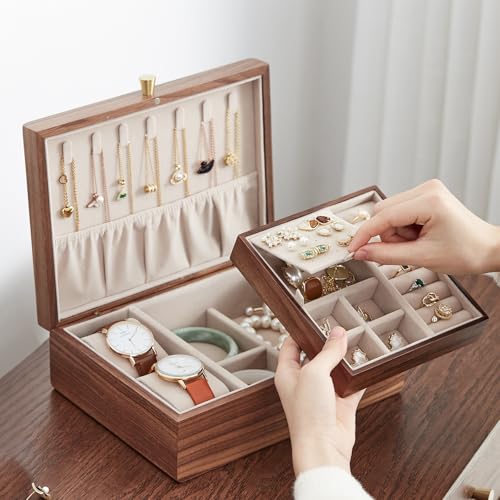 Black Walnut Wooden Jewelry Box for Women with Removable Tray - style: 2 Layer A