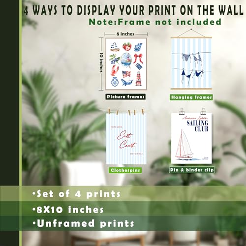 LUKIPOM Coastal Beach Nautical Wall Art Prints 8x10 Set of 4, Coastal Beachy Room Decor Aesthetic, Preppy Beach Bikini East Coast Nautical Wall Art Posters for Home Bedroom Living Room Decor, Unframed - color: Color 005