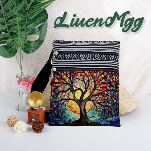 Stained Glass Pattern Crossbody Handbag with Zipper Butterfly World Tree Bee Aesthetic Present for Woman - color: World Tree 01