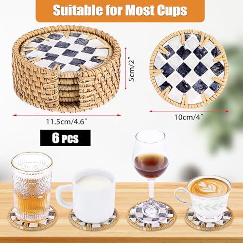 Boho Coastal Coasters Set of 6, Handwoven Rattan Coasters with Holder - style: Checkered Pattern